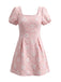 60er Blumen-Jacquardkleid mit Karreeausschnitt und Puffärmeln