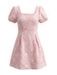 60er Blumen-Jacquardkleid mit Karreeausschnitt und Puffärmeln