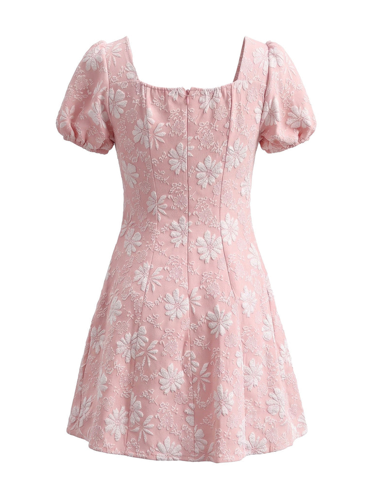 60er Blumen-Jacquardkleid mit Karreeausschnitt und Puffärmeln