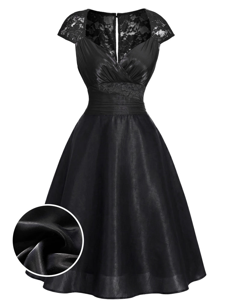 Schwarzes 50er Satin-Kleid mit Kappärmel und Spitze