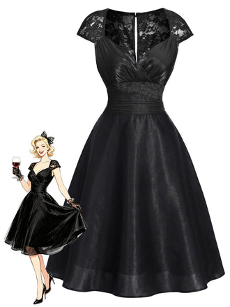 Schwarzes 50er Satin-Kleid mit Kappärmel und Spitze