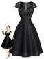 [Vorverkauf] Schwarzes 50er Satin-Kleid mit Kappärmel und Spitze