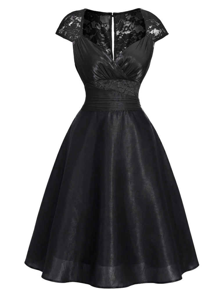 Schwarzes 50er Satin-Kleid mit Kappärmel und Spitze