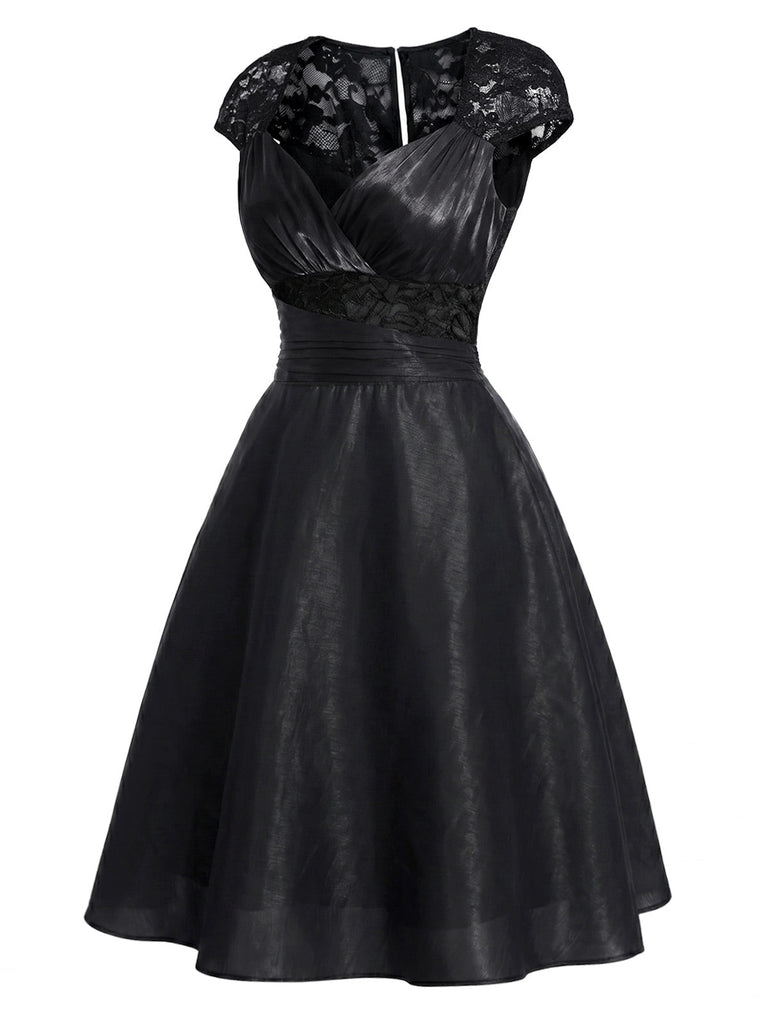 Schwarzes 50er Satin-Kleid mit Kappärmel und Spitze