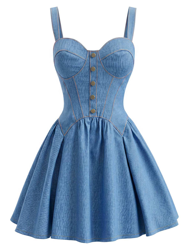 Blaues 80er Korsett-Minikleid im Denim-Look