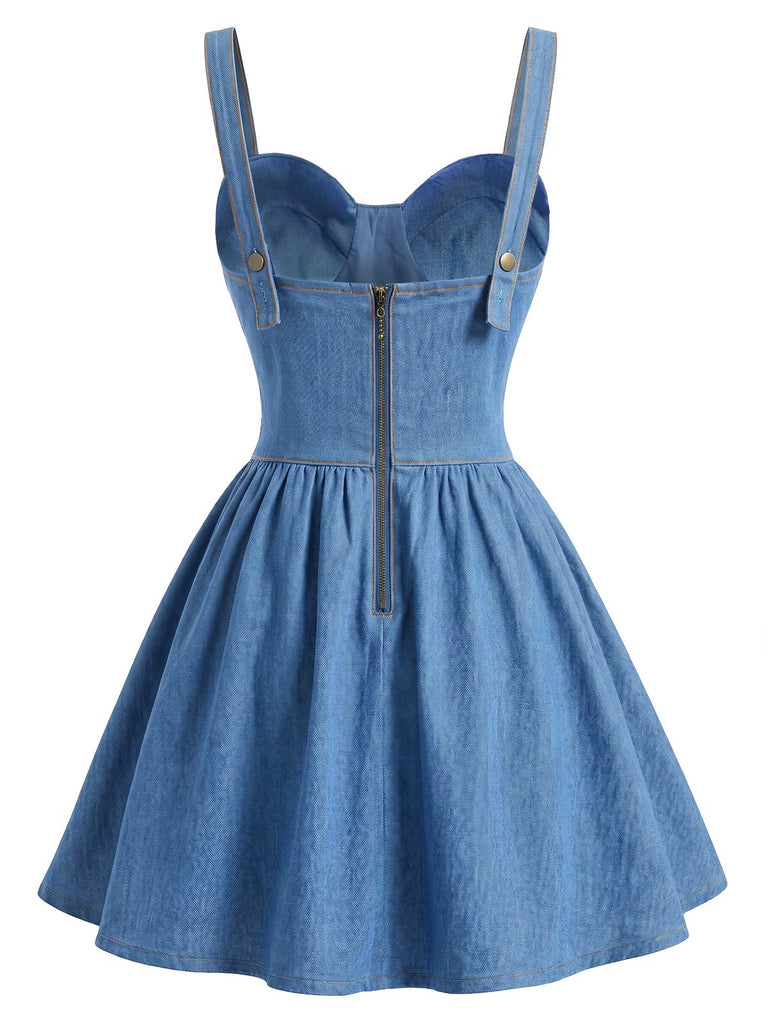 Blaues 80er Korsett-Minikleid im Denim-Look