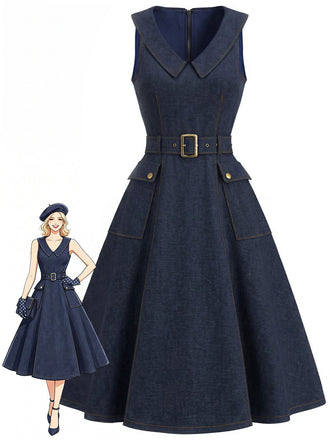 Marineblaues 50er Ärmelloses Jeans-Kleid mit V-Ausschnitt