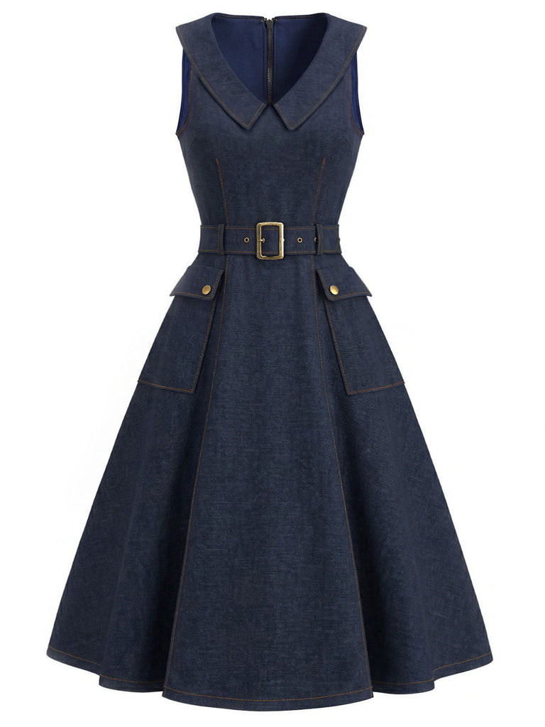 Marineblaues 50er Ärmelloses Jeans-Kleid mit V-Ausschnitt
