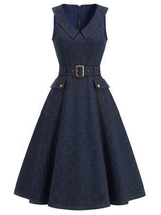 Marineblaues 50er Ärmelloses Jeans-Kleid mit V-Ausschnitt