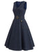 Marineblaues 50er Ärmelloses Jeans-Kleid mit V-Ausschnitt