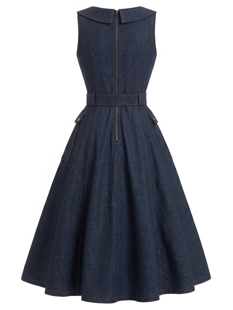 Marineblaues 50er Ärmelloses Jeans-Kleid mit V-Ausschnitt