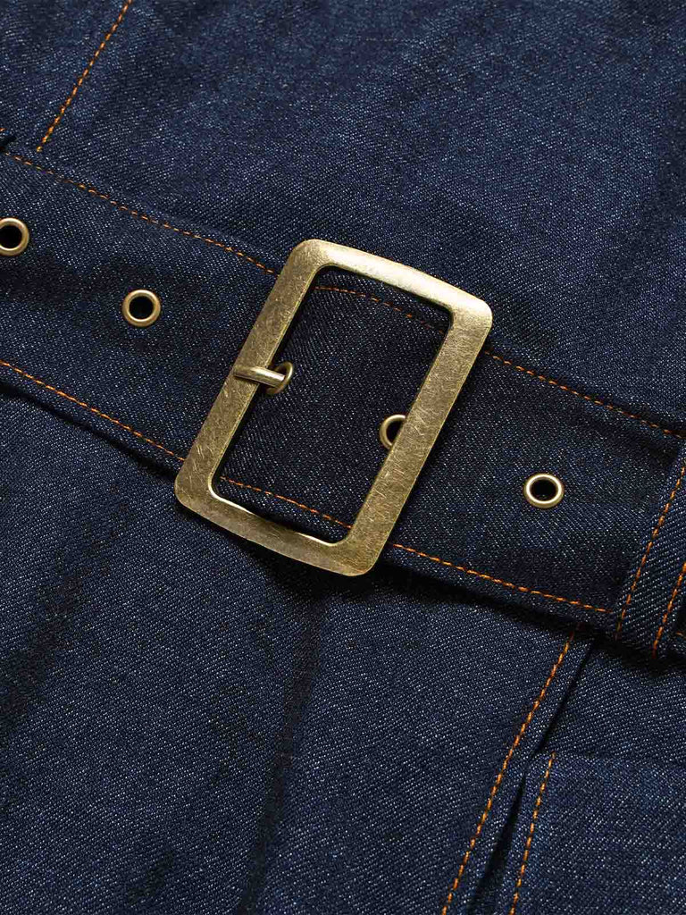 Marineblaues 50er Ärmelloses Jeans-Kleid mit V-Ausschnitt