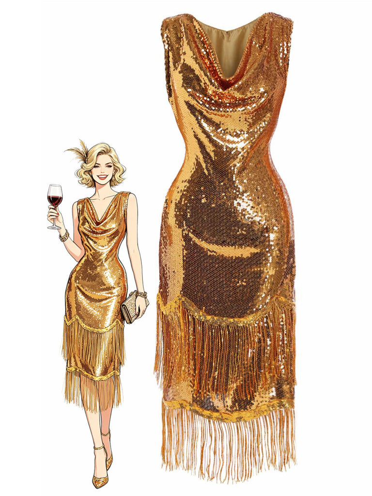 Goldenes 20er Kleid mit Pailletten und Fransen