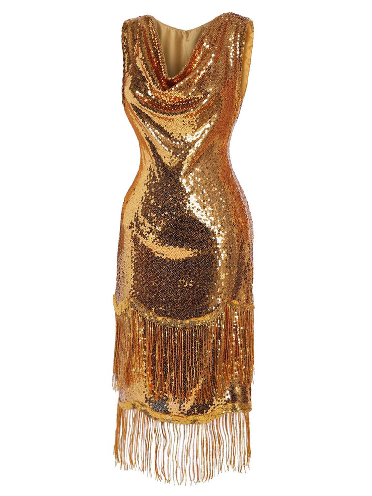 Goldenes 20er Kleid mit Pailletten und Fransen