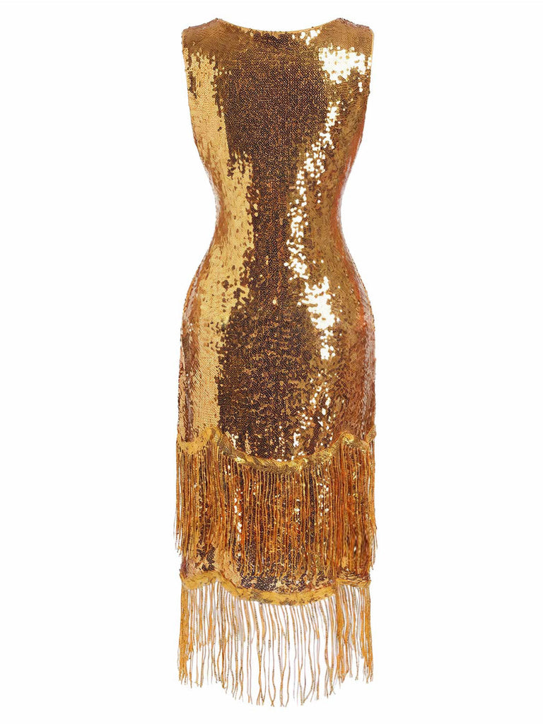 Goldenes 20er Kleid mit Pailletten und Fransen