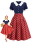 [Vorverkauf] Marineblaues 50er Kleid mit Polka-Dots und Blütenkragen