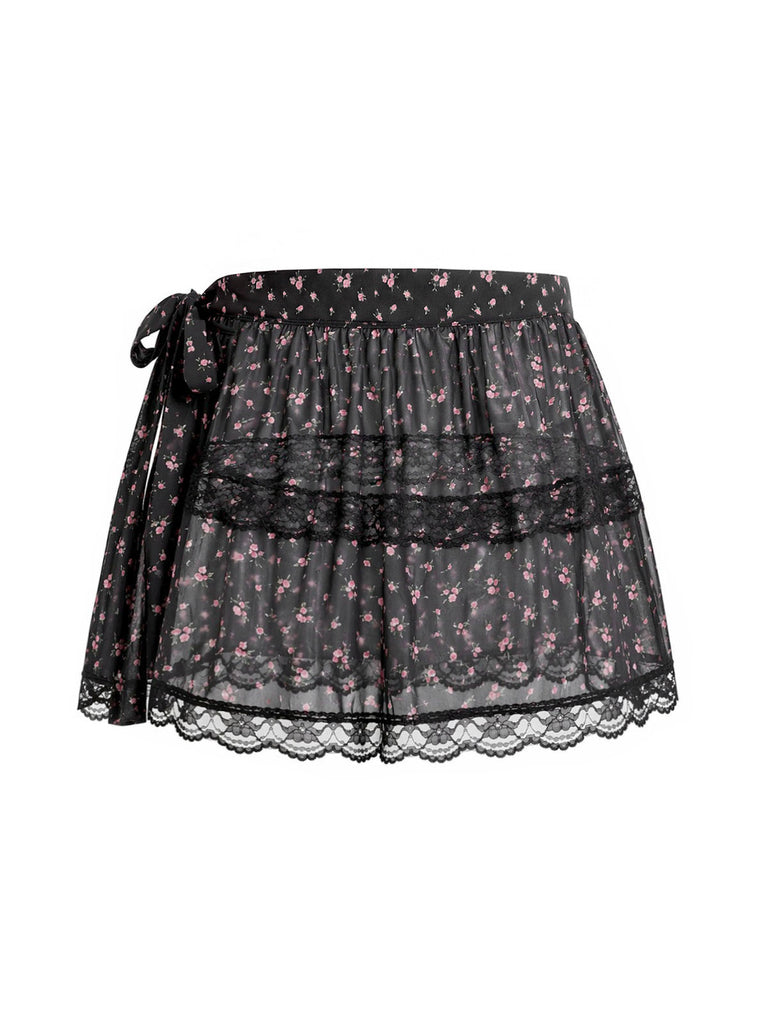 Schwarzer 50er Rock mit Streublumen und Spitze