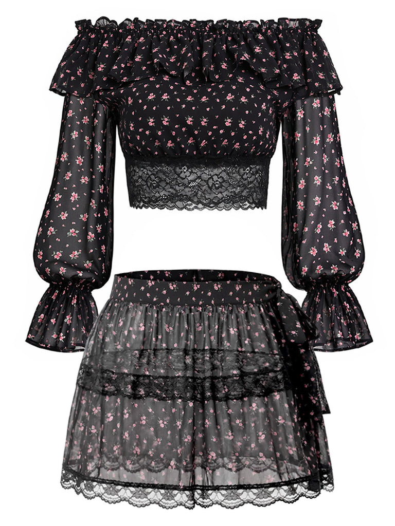 Schwarzer 50er Rock mit Streublumen und Spitze