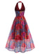 Mehrfarbiges 30er Netzkleid mit V-Ausschnitt und Neckholder
