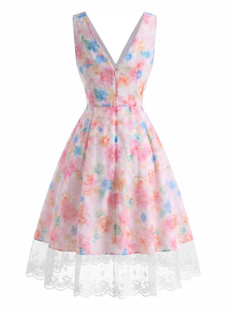 Mehrfarbiges 50er Kleid mit Blumen und Schleife