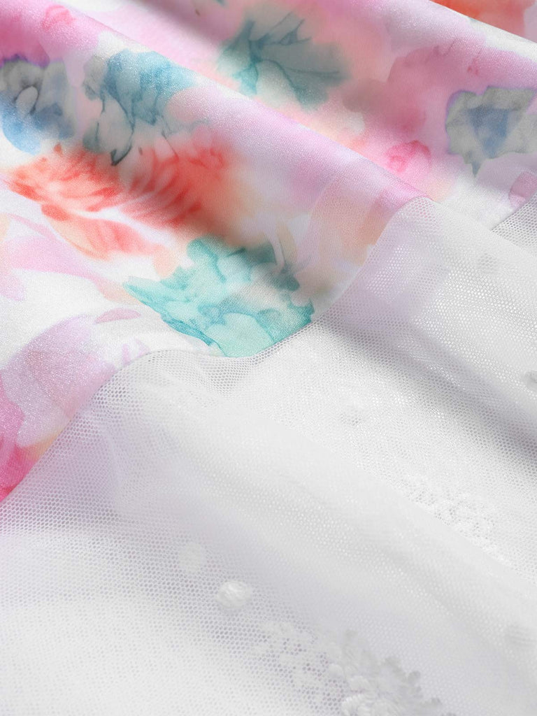 Mehrfarbiges 50er Kleid mit Blumen und Schleife