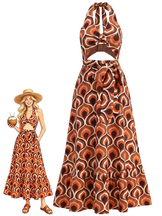 70er Maxikleid mit Tiefer V-Ausschnitt und Neckholder