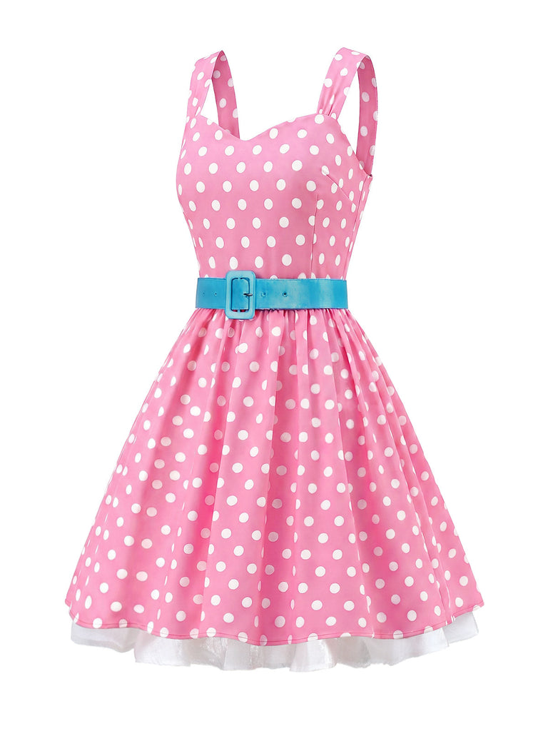 Rosa 50er Kleid mit Polka-Dots und Gürtel