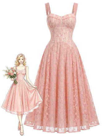 [Vorverkauf] Rosa 40er Korsettkleid mit Spitze und Herzausschnitt