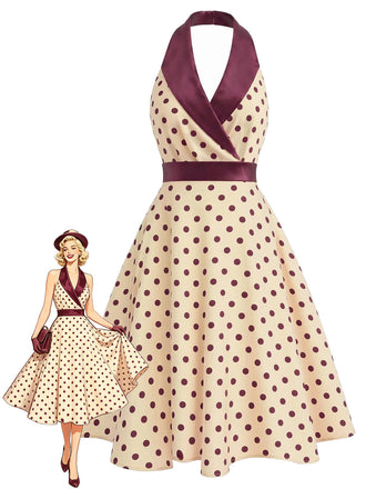 Apricotes 50er Satin-Kleid mit Schal-Kragen und Polka-Dots
