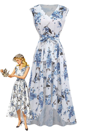 Weißes 50er Kleid mit Blumenmuster und High-Low-Saum