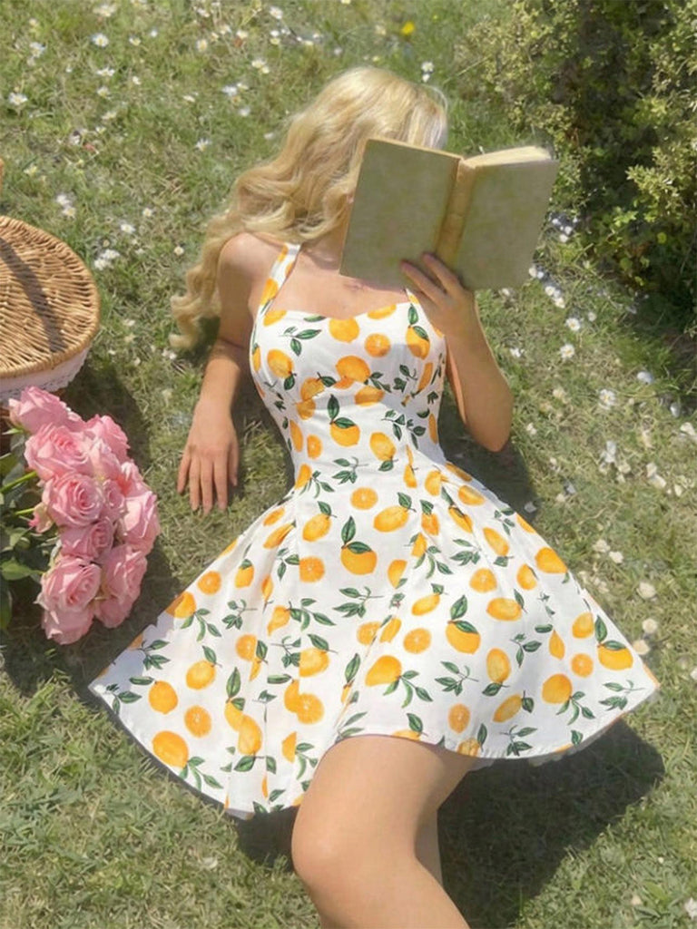 Weißes 50er Minikleid mit Neckholder und Blumen