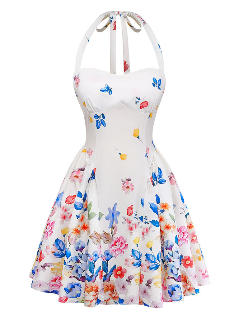 Weißes 50er Minikleid mit Neckholder und Blumen