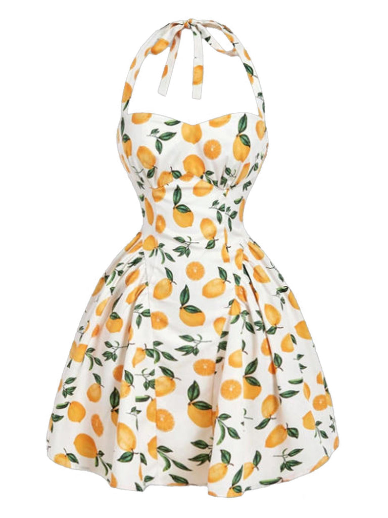 Weißes 50er Minikleid mit Neckholder und Blumen