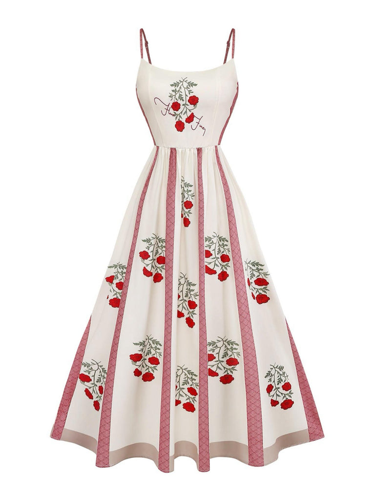 Beiges 50er Swingkleid mit Rosen und Spaghettiträgern