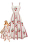 Beiges 50er Swingkleid mit Rosen und Spaghettiträgern