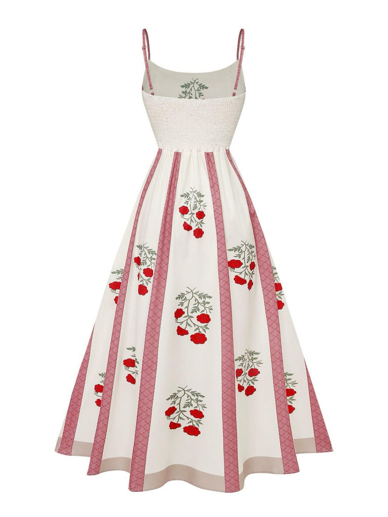 Beiges 50er Swingkleid mit Rosen und Spaghettiträgern