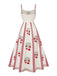 Beiges 50er Swingkleid mit Rosen und Spaghettiträgern