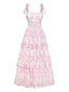 Rosa 70er Blumen-Maxikleid mit Bindeträgern und Stufenrock - Rosa / XS