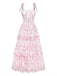 Rosa 70er Blumen-Maxikleid mit Bindeträgern und Stufenrock