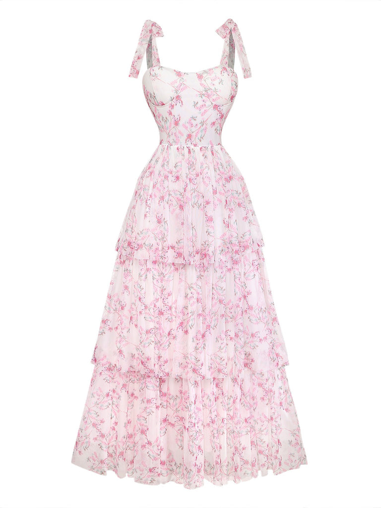 Rosa 70er Blumen-Maxikleid mit Bindeträgern und Stufenrock