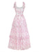 Rosa 70er Blumen-Maxikleid mit Bindeträgern und Stufenrock
