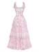 Rosa 70er Blumen-Maxikleid mit Bindeträgern und Stufenrock