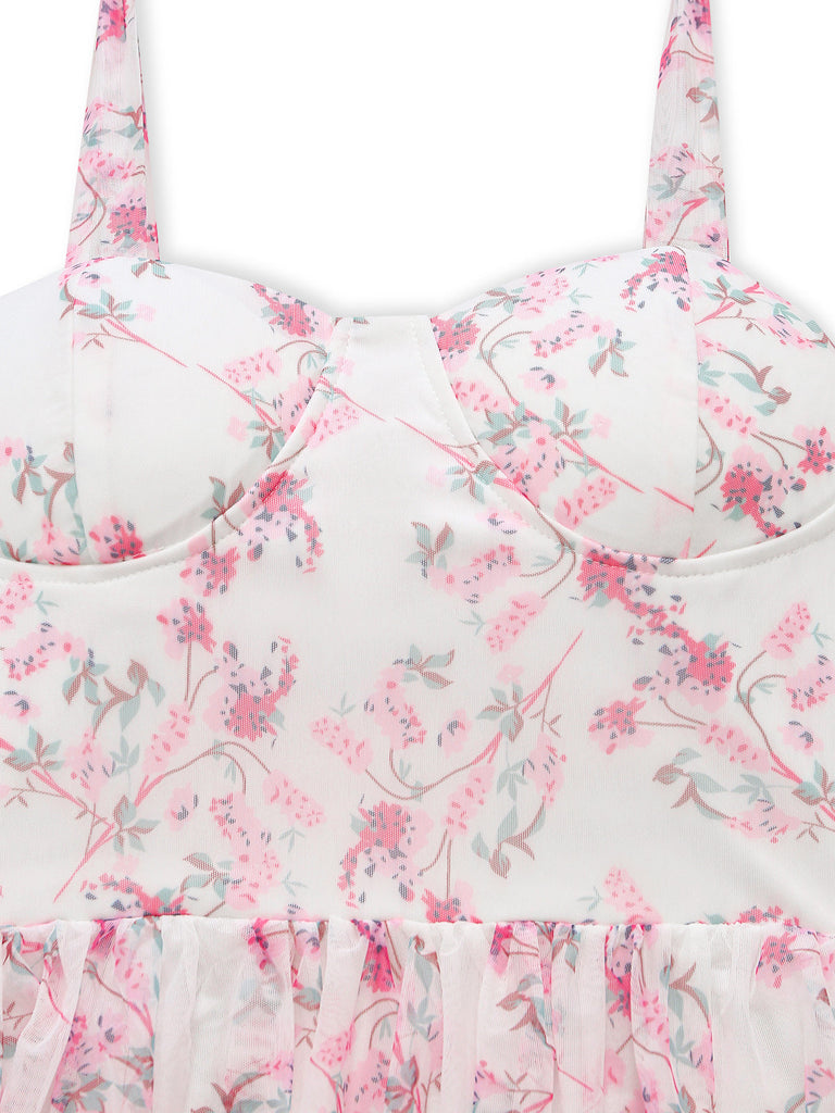 Rosa 70er Blumen-Maxikleid mit Bindeträgern und Stufenrock
