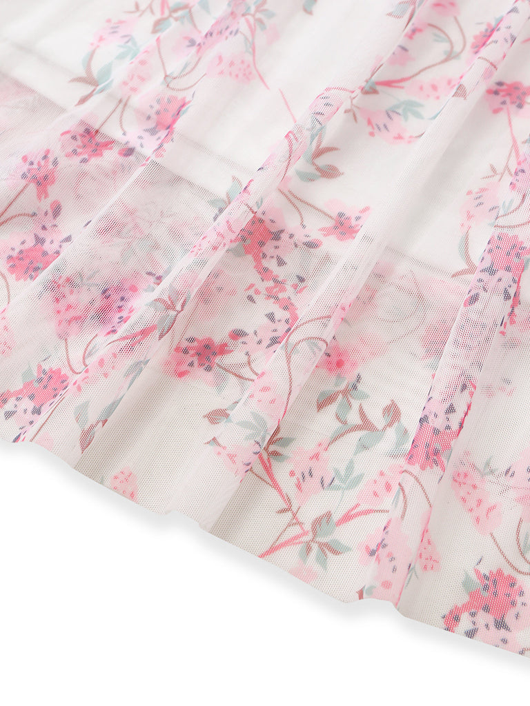 Rosa 70er Blumen-Maxikleid mit Bindeträgern und Stufenrock