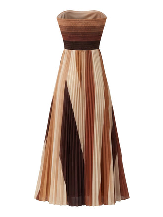 Braunes 70er trägerloses Maxikleid mit Plissee und Ombre