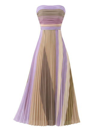 Lavendelfarbenes 70er trägerloses Plisséemaxikleid