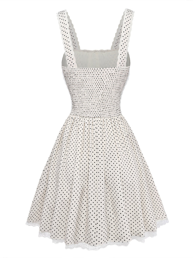Beige 70er Kleid mit Spaghettiträger und Polka-Dots