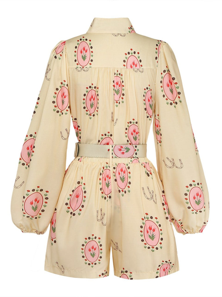 Elfenbeine 50er Shorts mit Puffärmel und Blumen