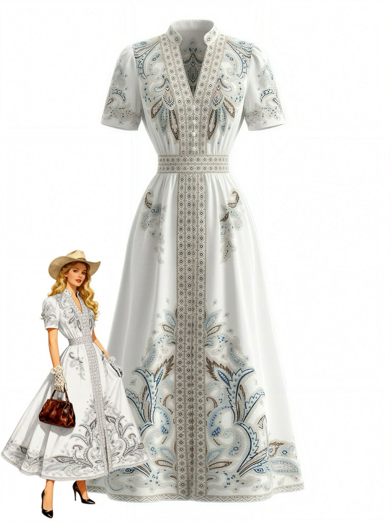 Weißes 50er Kleid mit tropischem Blumenmuster und hoher Taille