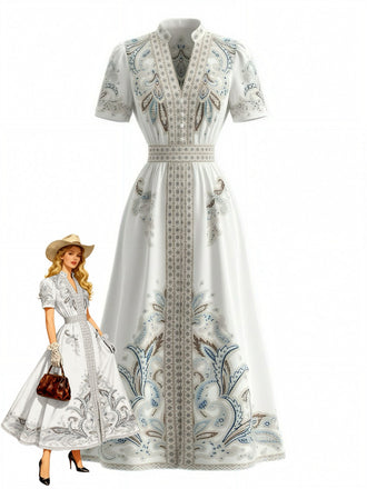 Weißes 50er Kleid mit tropischem Blumenmuster und hoher Taille